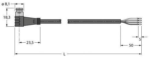 Technische Zeichnung eines Steckers mit Kabel. Maße: Stecker 23,5 mm lang, Kabel 50 mm mit 5 mm Abstand zwischen Drähten.