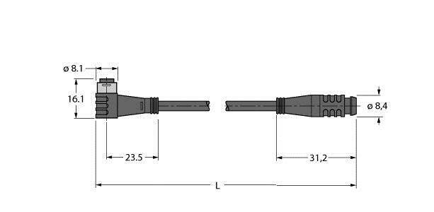 Technische Zeichnung eines Kabels mit Steckern an beiden Enden, Maßen in Millimetern: 16,1mm Breite, 23,5mm und 31,2mm Länge.