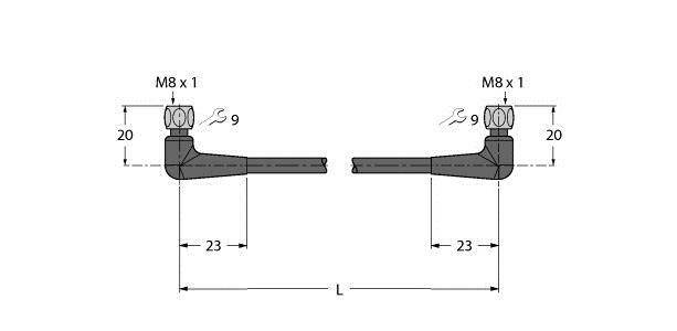 Technische Zeichnung: Zwei identische L-förmige Bauteile mit M8 x 1 Gewinden, 20 mm Höhe, 23 mm Länge; Distanz 'L' dazwischen unverändert.