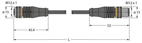 Technische Zeichnung von zwei M12-Steckern mit Maßangaben: Länge 52 mm, Durchmesser 15 mm, Abstand zwischen Steckern 45,4 mm.