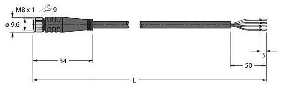 Technische Zeichnung eines Kabels mit M8-Stecker, Länge 34 mm, Gesamtbreite 9,6 mm. Kabelende mit vier Adern, Gesamtlänge L.