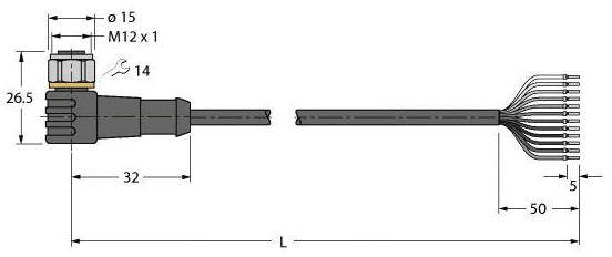 Technische Zeichnung eines Steckverbinders mit Kabeln. Maße: 32 mm Länge des Steckers, 26,5 mm Höhe. Kabelstränge sind 50 mm lang.