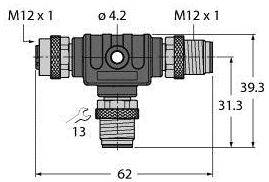 Zeichnung eines T-Stücks mit M12x1-Gewinden. Abmessungen: Breite 62 mm, Höhe 39,3 mm. Innendurchmesser 4,2 mm, Verstellmaß 13 mm.