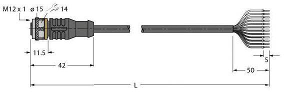 Diagramm eines M12x1 Steckers mit Maßen: Länge 42 mm, Durchmesser 15 mm. Kabel hat Länge L und verzweigt in 8 Drähte, jeder 50 mm lang.
