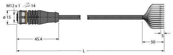 Zeichnung eines Steckverbinders mit Maßen und Kabelanschlüssen. Der Stecker hat M12 x 1 Gewinde, Durchmesser 15 mm, Länge 45,4 mm. Kabelbündel endet in 12 Einzeldrähten.