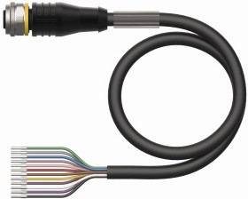 Kabel mit mehreren farbcodierten Drähten und einem Metallstecker auf der einen Seite, spiralig angeordnet.