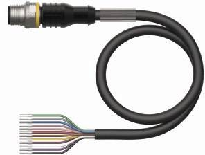 Ein schwarzes Kabel mit einem Stecker links und verschiedenen farbigen Adern, die nach rechts führen.