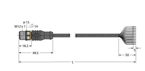 Technische Zeichnung eines Steckers mit den Maßen: Länge 49,5 mm, Breite 18,2 mm vorne. Kabel mit 10 abisolierten Enden, jedes 5 mm lang.