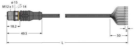 Zeichnung eines Steckers mit Spezifikationen: Durchmesser 15 mm, Länge 49,5 mm, Maße 18,2 mm. Kabelende zeigt unterschiedliche Drähte.