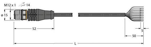 Technische Zeichnung eines Steckers mit M12 x 1 Gewinde, 15 mm Durchmesser, 52 mm Länge. Kabel endet in 12 separaten Drähten.
