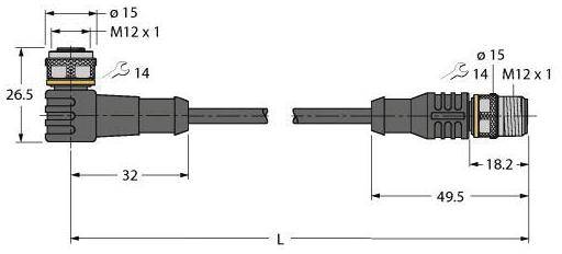 Abbildung eines M12-Anschlusskabels mit Maßen. Links Winkelstecker: Länge 32 mm, rechts gerader Stecker: Länge 49,5 mm, Durchmesser 15 mm.