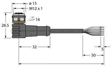 Technische Zeichnung eines Winkelsteckers mit Kabel. Maße sind 26,5 mm, 32 mm, 50 mm. Gewinde M12 x 1, Kabel hat 4 Adern.