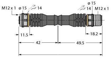 Technische Zeichnung eines Steckverbinders: Gesamtlänge 91,5 mm, Durchmesser Ø15 mm, Gewinde M12 x 1, mit Abmessungen in Millimetern dargestellt.