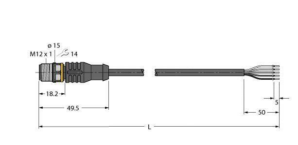 Technische Zeichnung eines M12 Steckers: M12 x 1, Länge 50 mm, Gesamtlänge 49,5 mm, Kabeldurchmesser 5 mm. Geregelter Anschluss.