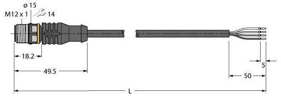 Technische Zeichnung eines M12-Steckers mit Kabel. Abmessungen: Ø15 mm, Länge 49,5 mm, Kabel 50 mm. Gewinde M12 x 1. Kabel hat vier Adern.