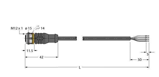 Technische Zeichnung eines M12-Steckers mit Maßangaben: Durchmesser 15 mm, Länge 42 mm, Kabel 50 mm, Gesamtlänge 'L'.