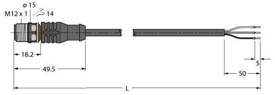 Technische Zeichnung eines Kabelsteckers M12 x 1 mit Maßen: Länge 49,5 mm, Durchmesser 15 mm, Kabelabstand 50 mm, Gesamtlänge L.