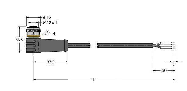 Zeichnung eines runden Steckverbinders mit M12-Gewinde, Kabel und vier Drähten. Maße: 15 mm Durchmesser, 37.5 mm Länge am Stecker.
