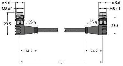 Technische Zeichnung eines Steckers mit M8 x 1 Gewinde und 9,6 mm Durchmesser. Gesamtlänge L, seitliche Ansichten zeigen Maße.