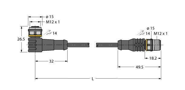 Technische Zeichnung eines M12-Steckers und -Kupplung mit Abmessungen: ø15, M12 x 1. Länge der Stecker: 32 mm, Kupplung: 49,5 mm.