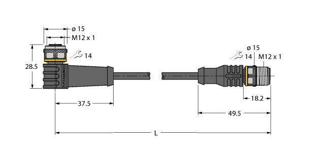 Technische Zeichnung eines zylindrischen Steckverbinders. Maße: 15 mm und 14 mm Durchmesser, 28,5 mm und 18,2 mm Länge.
