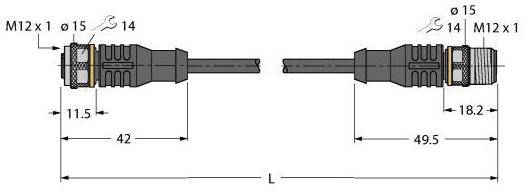 Abbildung zeigt zwei Steckverbinder: Links mit M12 x 1, Ø15, Länge 42 mm; Rechts Ø15, Länge 49,5 mm. Beide Durchmesser Ø14.