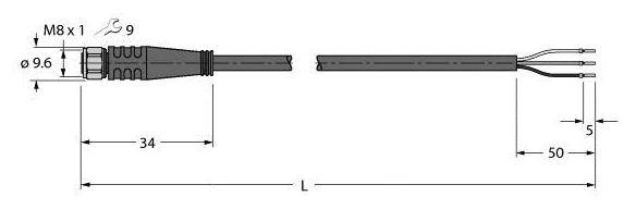 Technische Zeichnung eines Steckverbinders. Links: Gewinde M8 x 1 mit Durchmesser 9,6 mm; rechts: drei Drähte. Gesamtlänge L.
