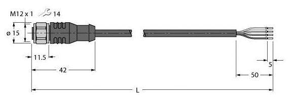 Technische Zeichnung eines Steckers mit Kabeln. Maße: M12x1, Gesamtlänge (L), Durchmesser 15 mm, Stecker 42 mm, Drähte 50 mm.