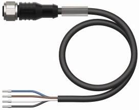 Ein schwarzes Kabel mit einem Metallstecker auf der einen Seite und vier farbigen Drähten (schwarz, blau, braun, weiß) auf der anderen.