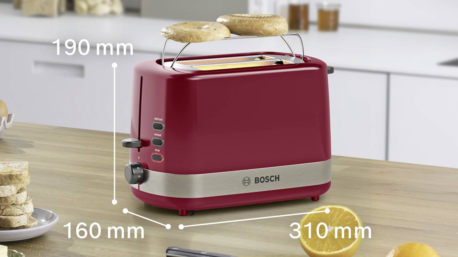 Bosch Haushalt TAT6A514 Toaster mit Brötchenaufsatz Rot, Edelstahl