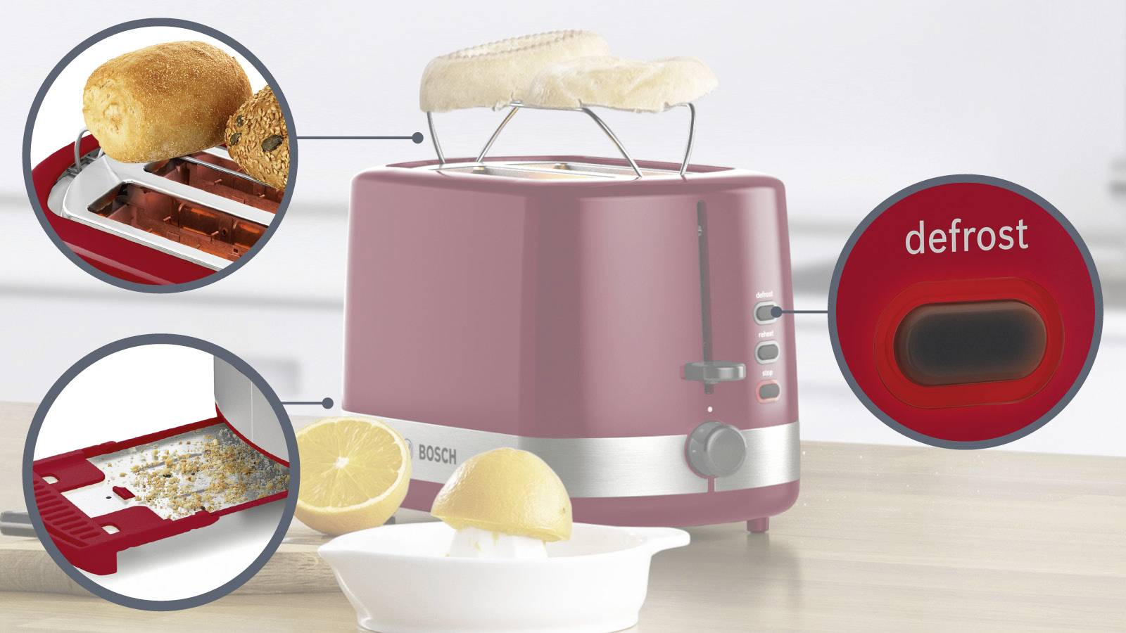 Bosch Haushalt TAT6A514 Toaster mit Brötchenaufsatz Rot, Edelstahl