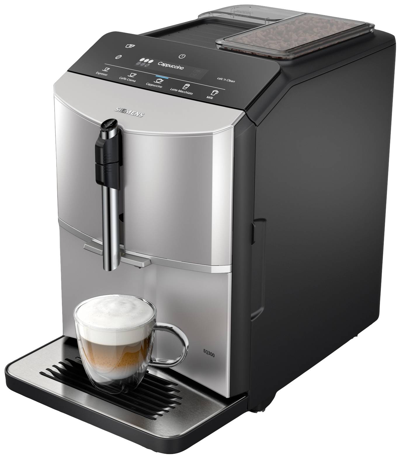 Kaffeevollautomat mit digitalem Display und Milchaufschäumer. Eine gefüllte Glastasse Cappuccino steht auf dem Abtropfgitter.