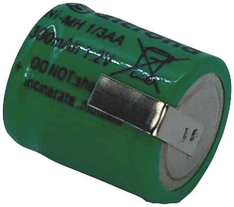 Grüner Akku mit Aufschrift 'Ni-MH 1/3AA 300mAh 1.2V'. Warnsymbol, das das Wegwerfen im Hausmüll verbietet.