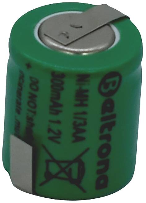 Grüne zylindrische Batterie mit Aufschrift 'NI-MH 1/3AA 300mAh 1.2V'. Oben sind Anschlusslaschen sichtbar.