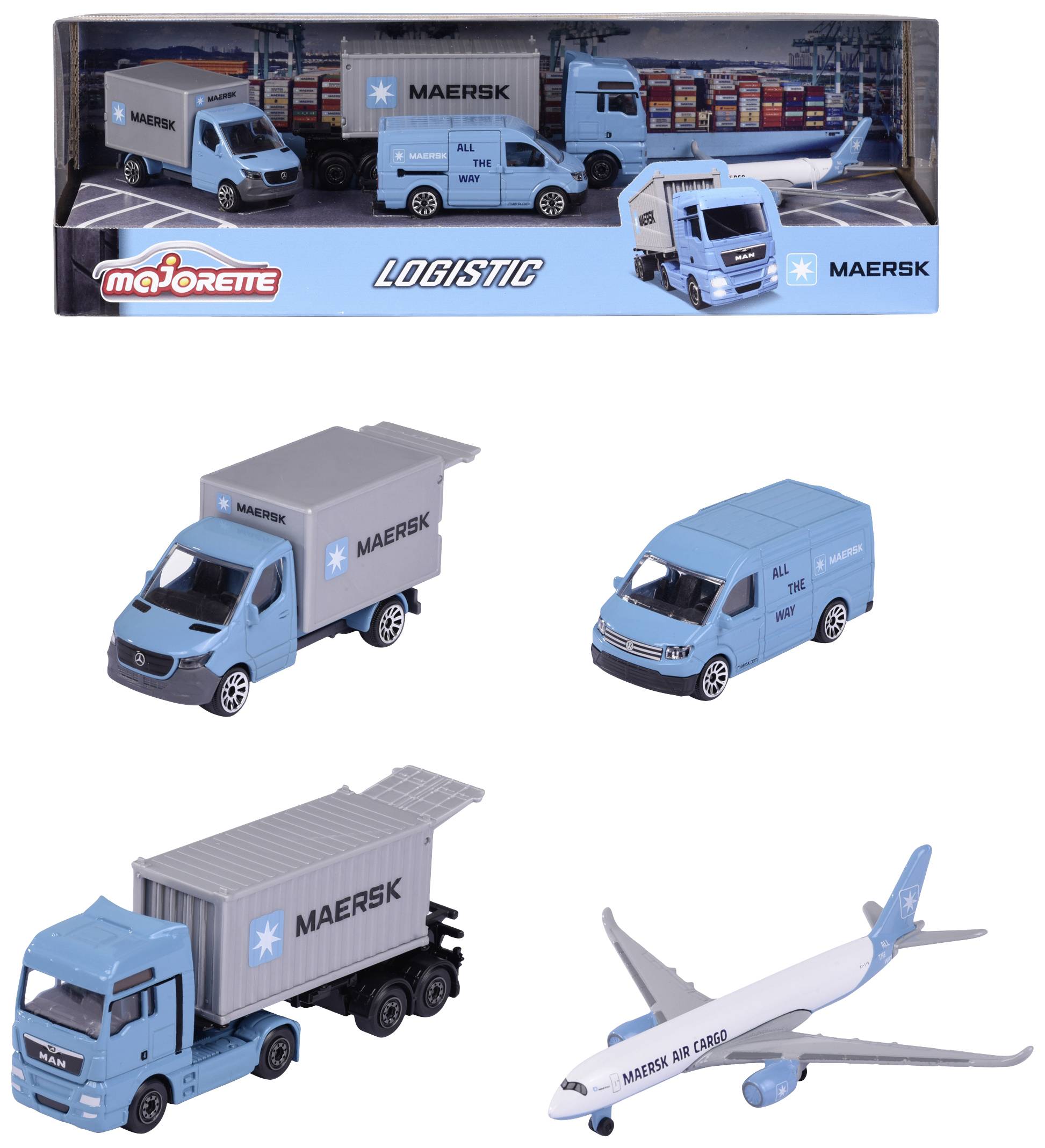 Majorette PKW Modell, Flugzeug Modell Maersk-Set Fertigmodell Gewerbe Modell