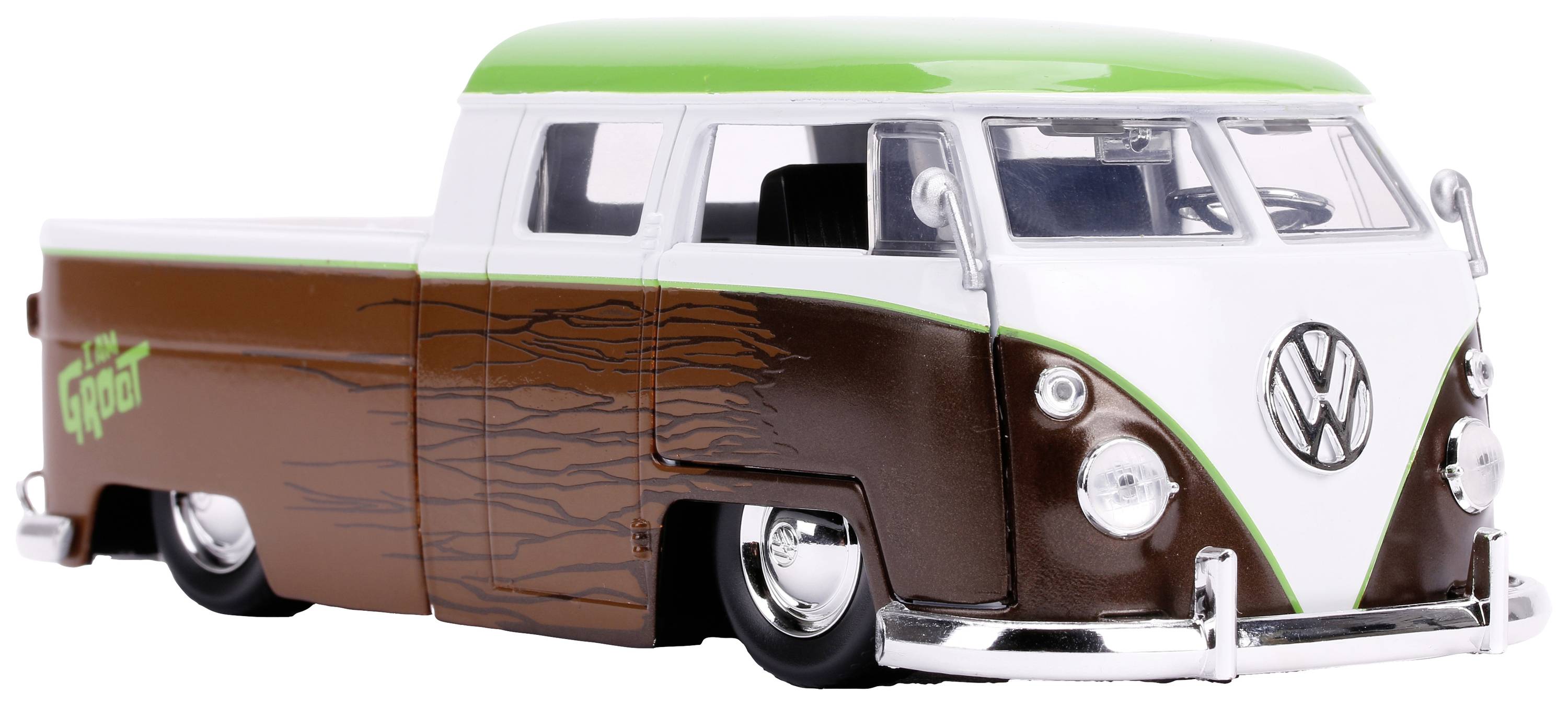 Ein bunt lackierter VW-Bus im Miniaturformat mit grünen und braunen Flammenmustern an der Seite.