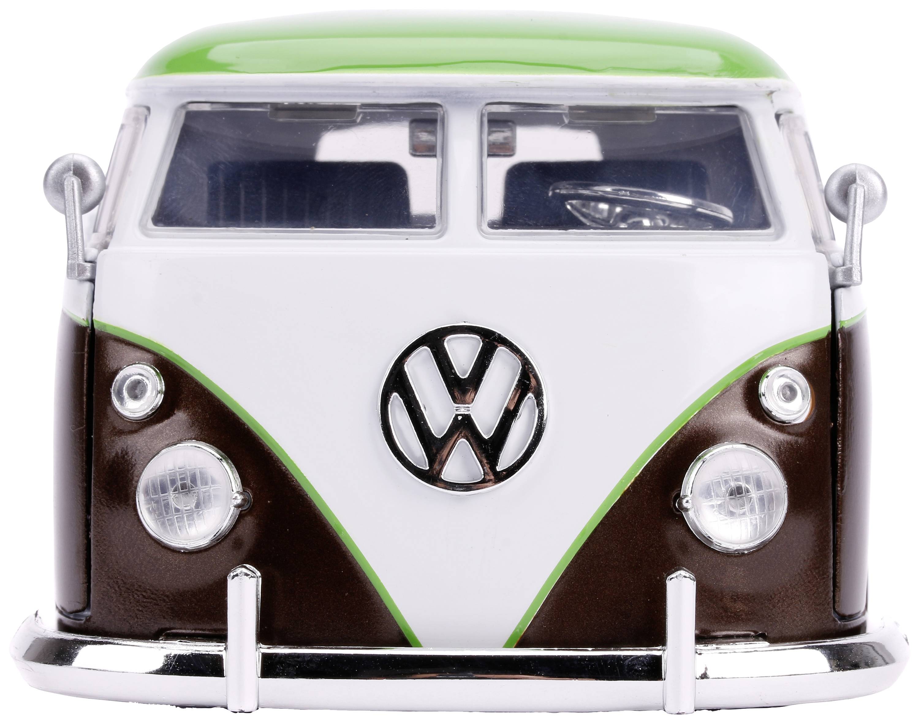 Spielzeugmodell eines klassischen VW-Busses in Weiß und Braun mit grünem Dach, Frontalansicht.