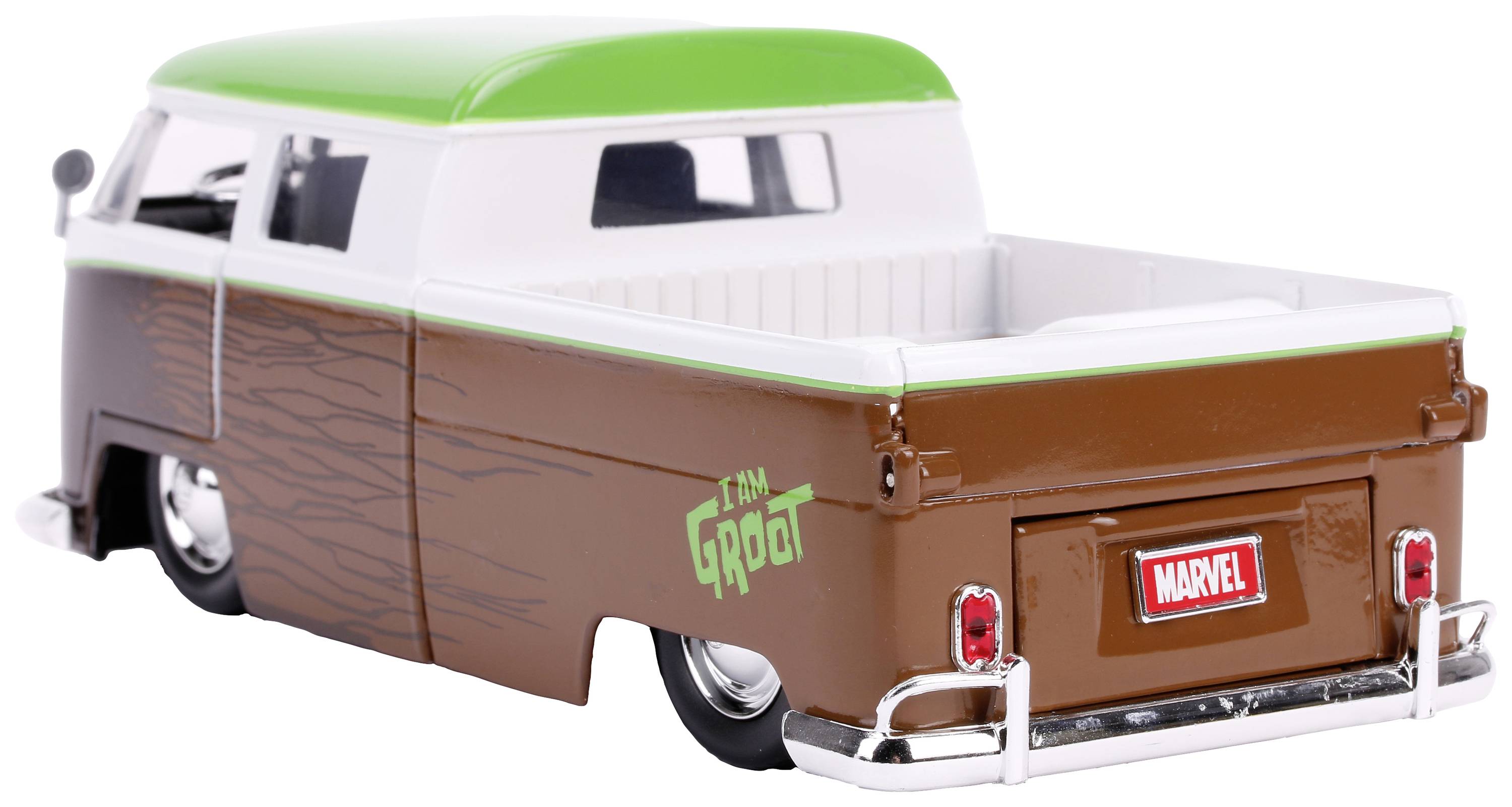 Spielzeugauto im Stil eines klassischen Transporters, braun mit grünen Details und der Aufschrift 'I'm Groot' an der Seite.