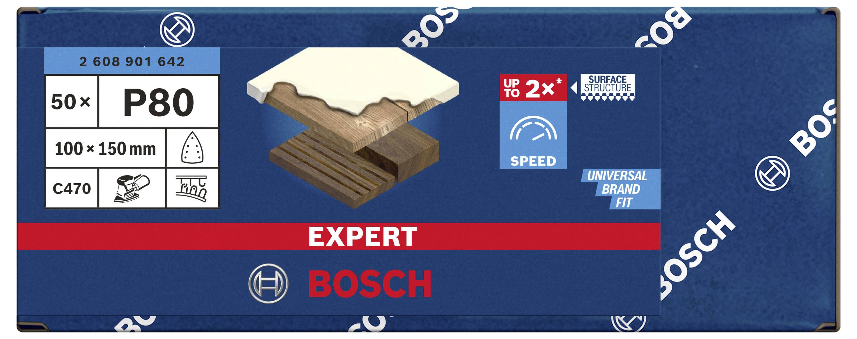 Verpackung von Bosch-Schleifpapier, P80 Körnung, 50 Stück, Größe 100 x 150 mm. Enthält Symbole für Holzoberflächen und Kompatibilität.