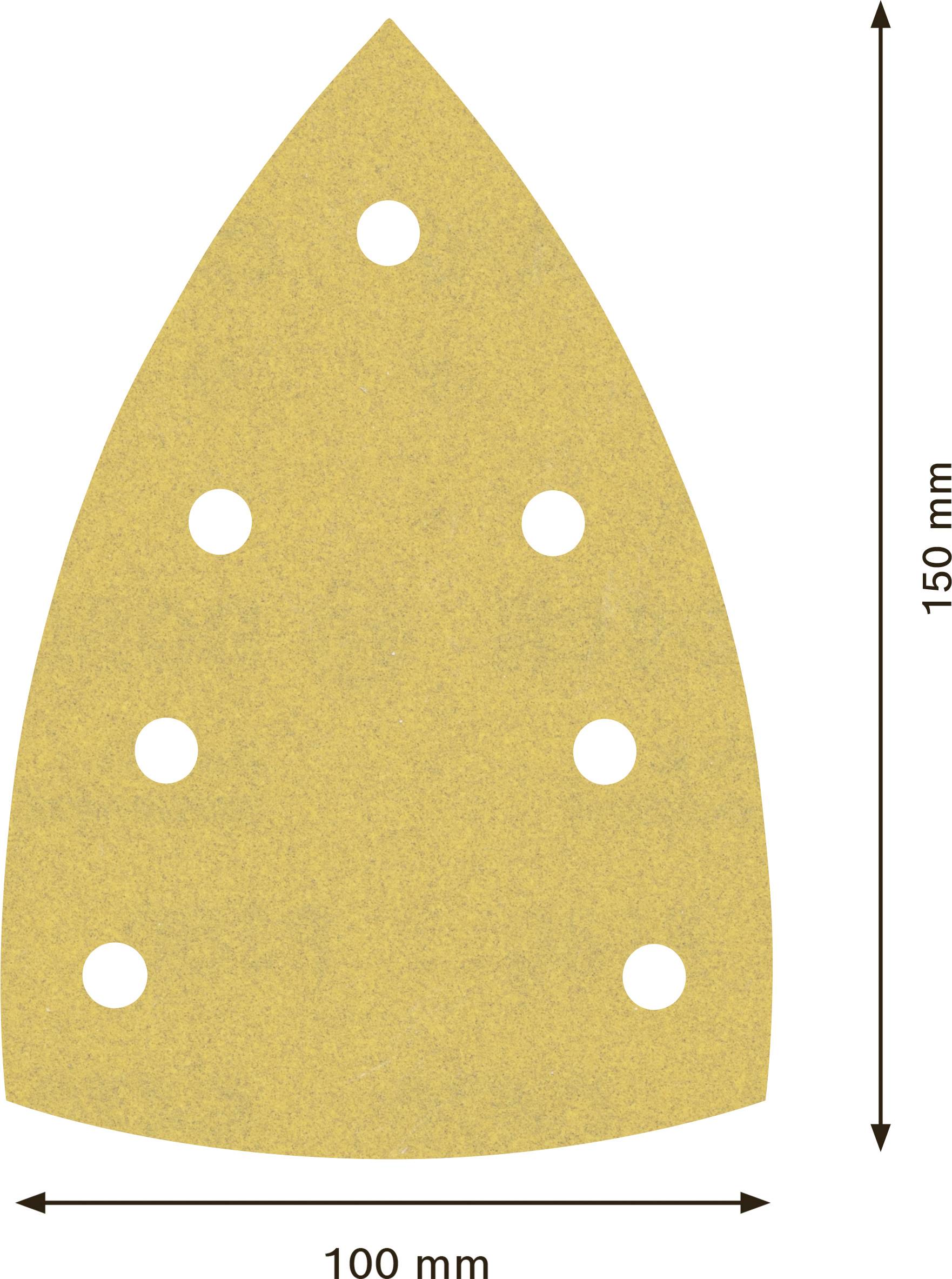 Dreieckiges Schleifpapier mit sieben gleichmäßig verteilten Löchern, 150 mm hoch, 100 mm breit, mit Maßpfeilen dargestellt.