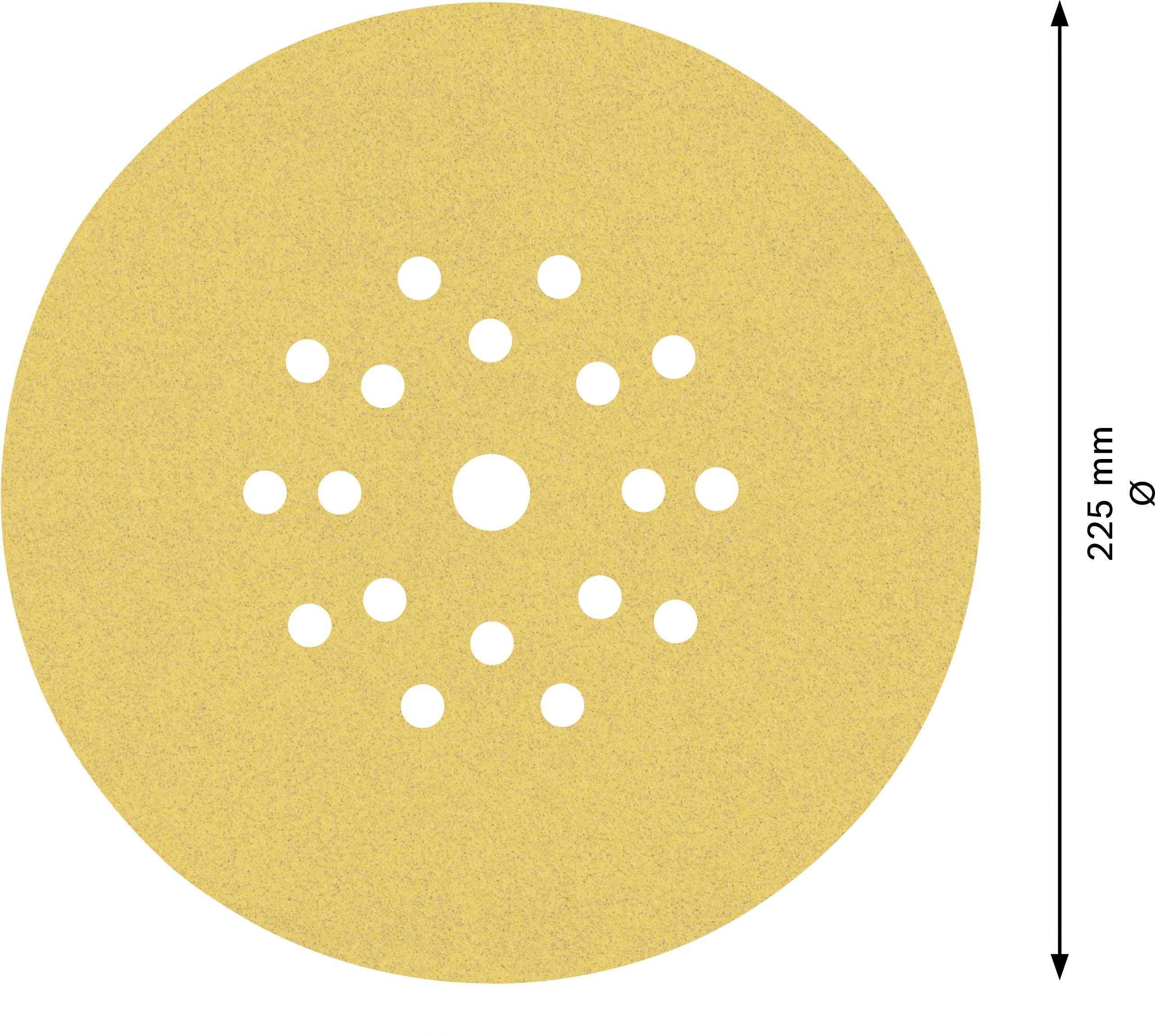 Schleifscheibe mit mehreren Löchern und einem Durchmesser von 225 mm, für Handschleifgeräte geeignet.
