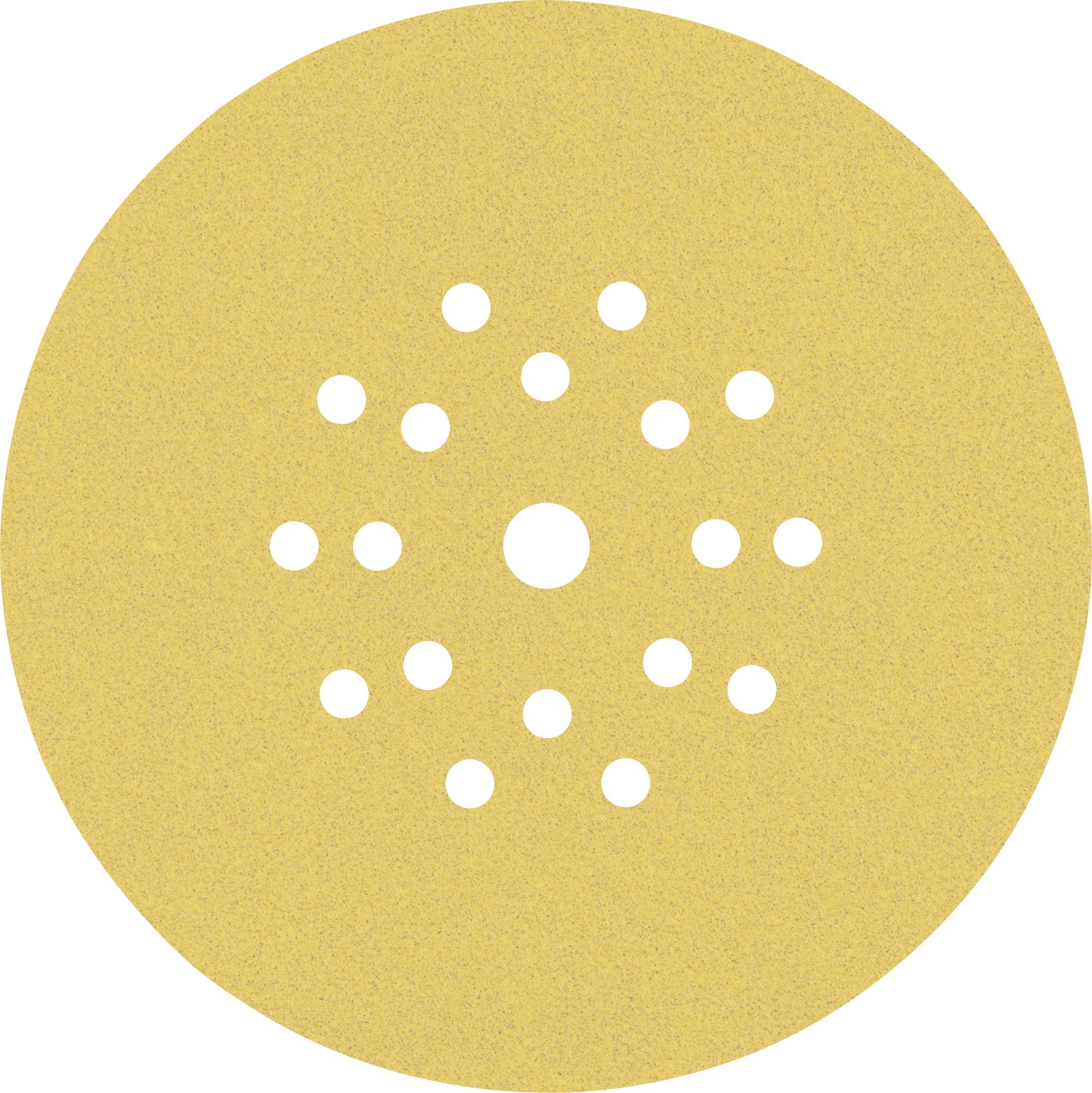 Ein runder Schleifscheibe-Aufsatz mit mehreren Löchern für Schleifmaschinen, geeignet zur Holzbearbeitung oder Metallpolitur.