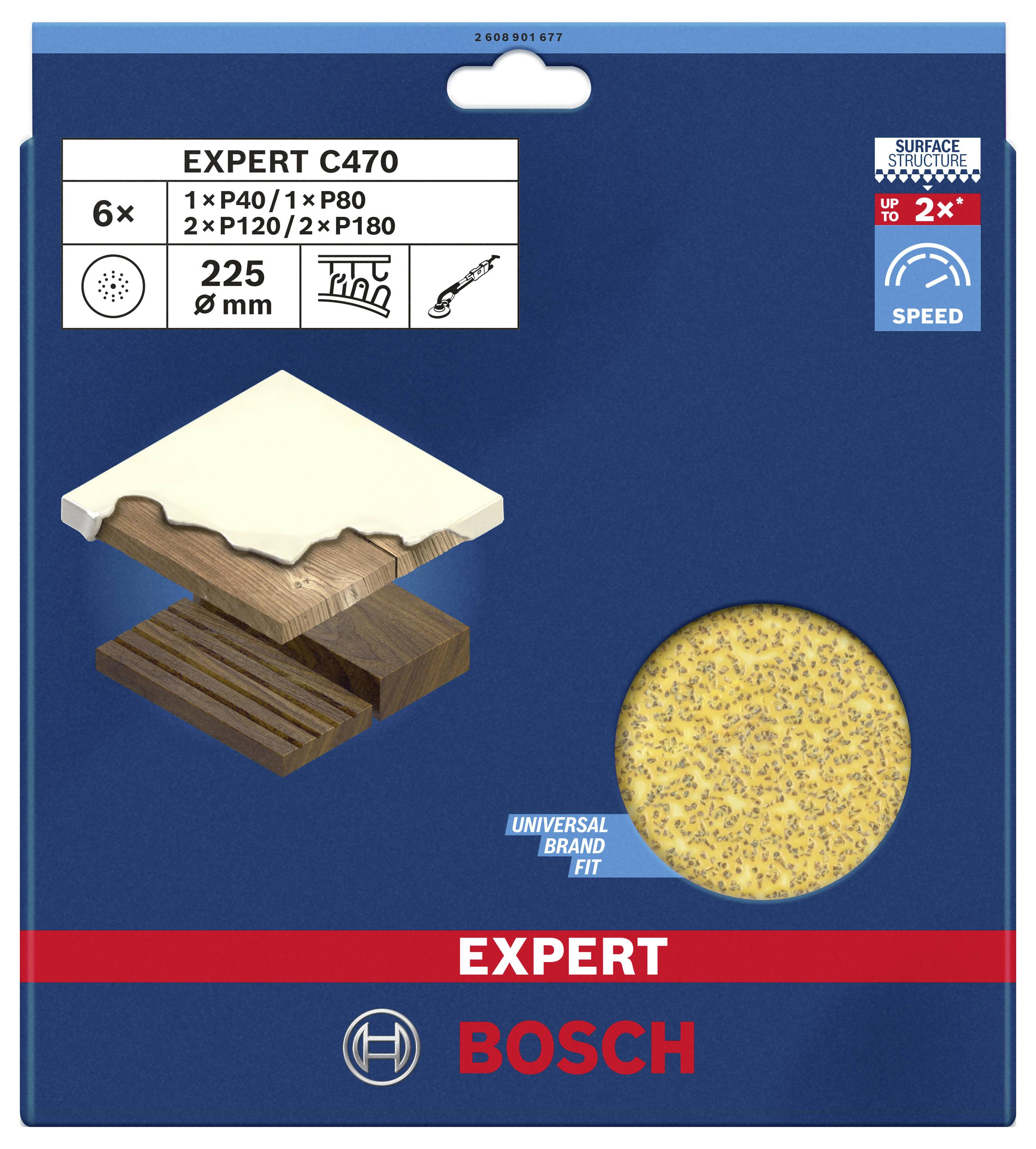 'Bosch Expert C470' Schleifpapier-Verpackung, 6 Stück: 1x P40, 1x P80, 2x P120, 2x P180, 225 mm; geeignet für Holz und Metall.