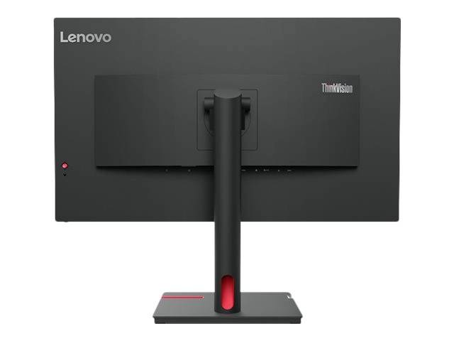 Rückansicht eines Lenovo ThinkVision Monitors mit einem schwarzen Gehäuse und einem stabilen Standfuß.
