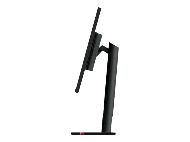 Seitenansicht eines schwarzen Computermonitors mit verstellbarem Ständer, der nach links geneigt ist.