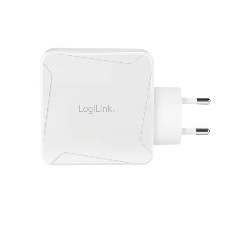 Ein weißes USB-Ladegerät mit dem Logo 'LogiLink' auf der Vorderseite und einem Euro-Stecker an der rechten Seite.