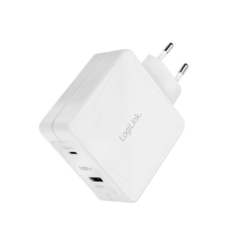 Ein weißes Ladegerät mit zwei Anschlüssen, einem USB-C und einem USB-A, geeignet für maximal 100W Leistung.