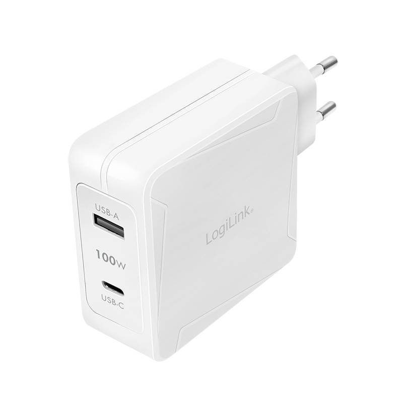 Ein weißes Ladegerät mit zwei Anschlüssen: USB-A und USB-C. Auf dem Ladegerät steht 'LogiLink' und '100W'.