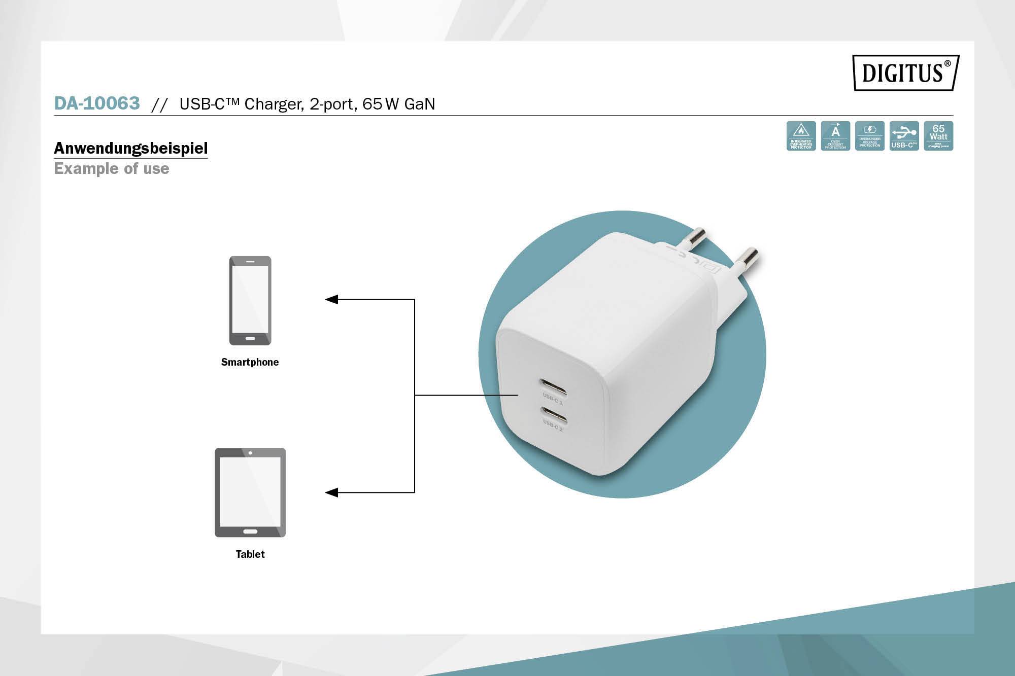 Digitus DA-10063 Ladeadapter 65 W 2x USB-C® USB PD Weiß Flugzeug, Innenbereich, KFZ, LKW
