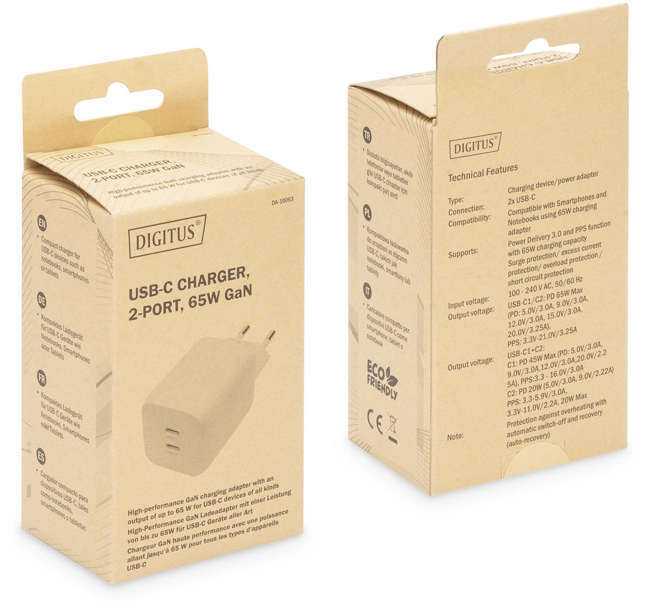 Digitus DA-10063 Ladeadapter 65 W 2x USB-C® USB PD Weiß Flugzeug, Innenbereich, KFZ, LKW